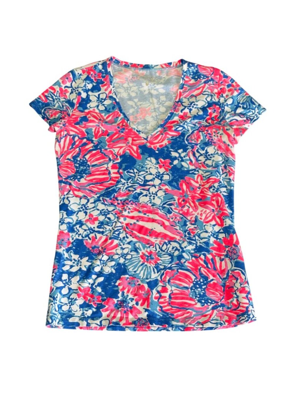 Lilly Pulitzer Womens Floral V-Neck Tee Shirt Short Sleeve Multicolor Size XS